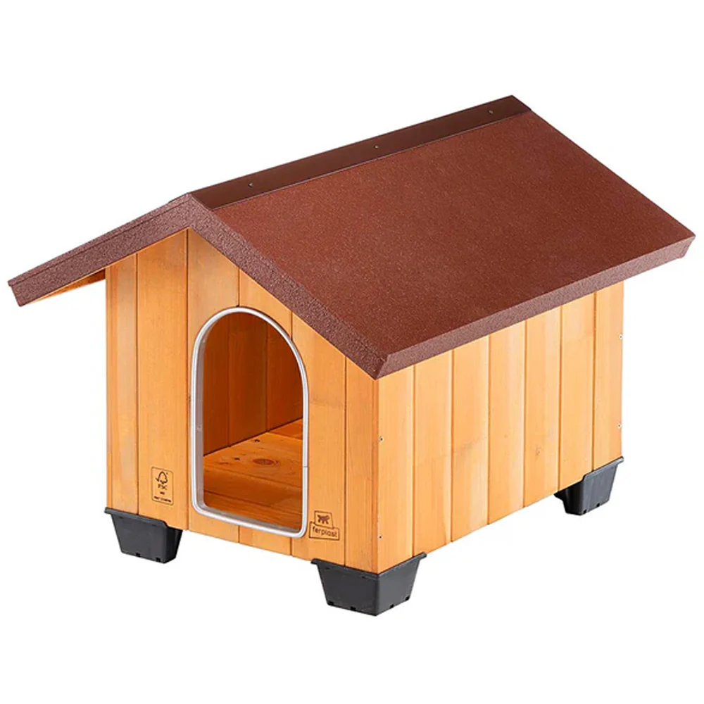 Ferplast Domus Cuccia per Cani in Legno – Casetta da Esterno in Pino Nordico Certificato FSC – Riparo Isolato per Animali con Ingresso Anti-morso, Tetto Apribile per Facile Pulizia