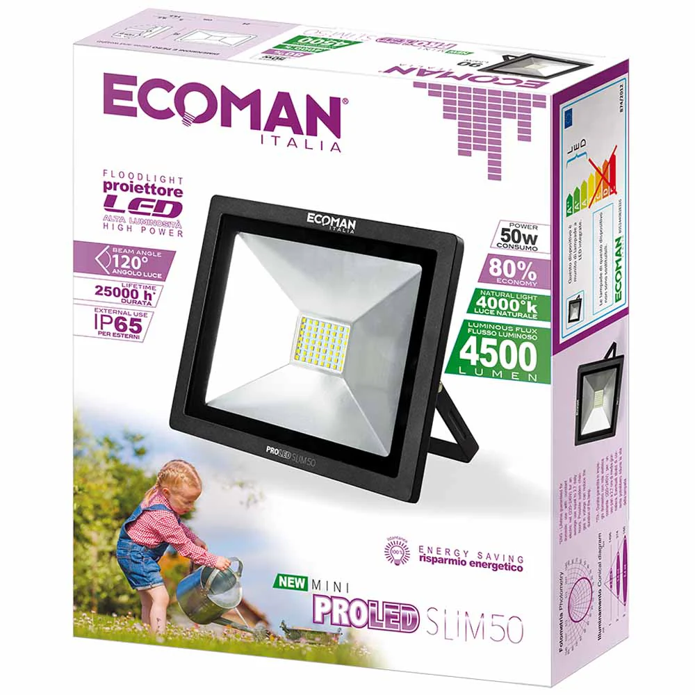 Proiettore LED Mini Slim 50W 4000K Luce Naturale Nero - Image 2