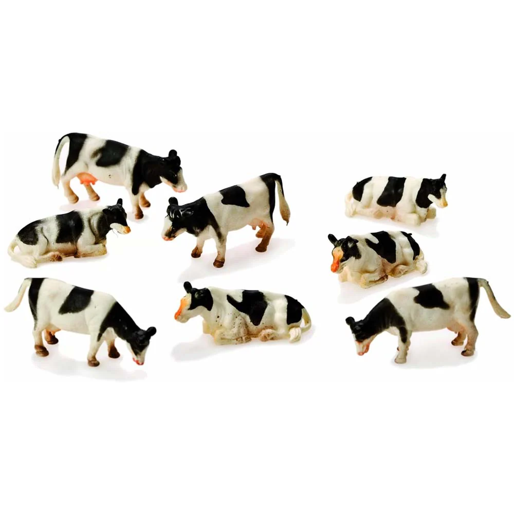 Set di 8 mucche maculate in bianco e nero in scala 1:87 sdraiate in piedi - Animali in plastica ABS - Image 3